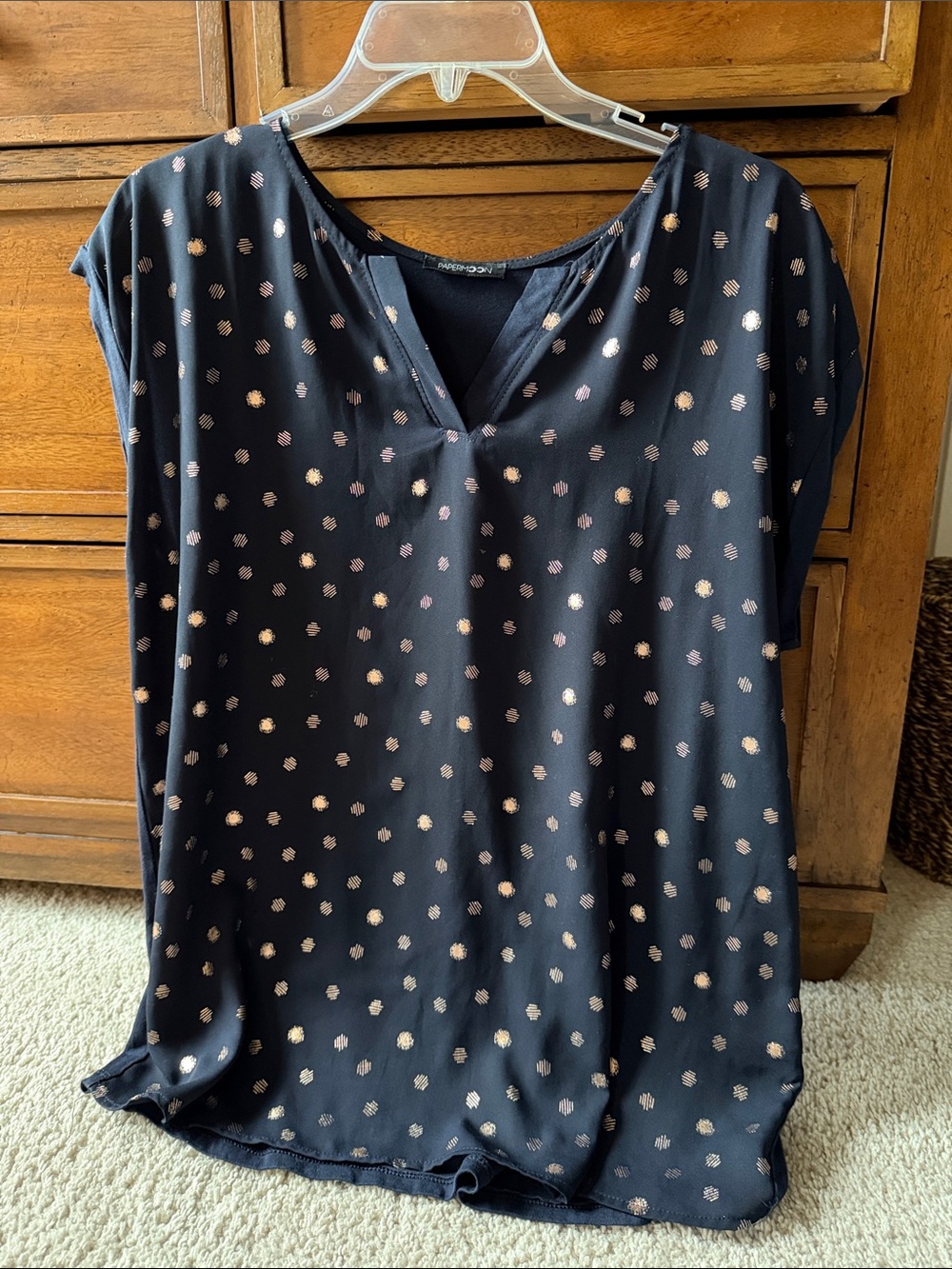 Papermoon Womens Navy V-Neck Cap Sleeve Top with Metallic Dot Print